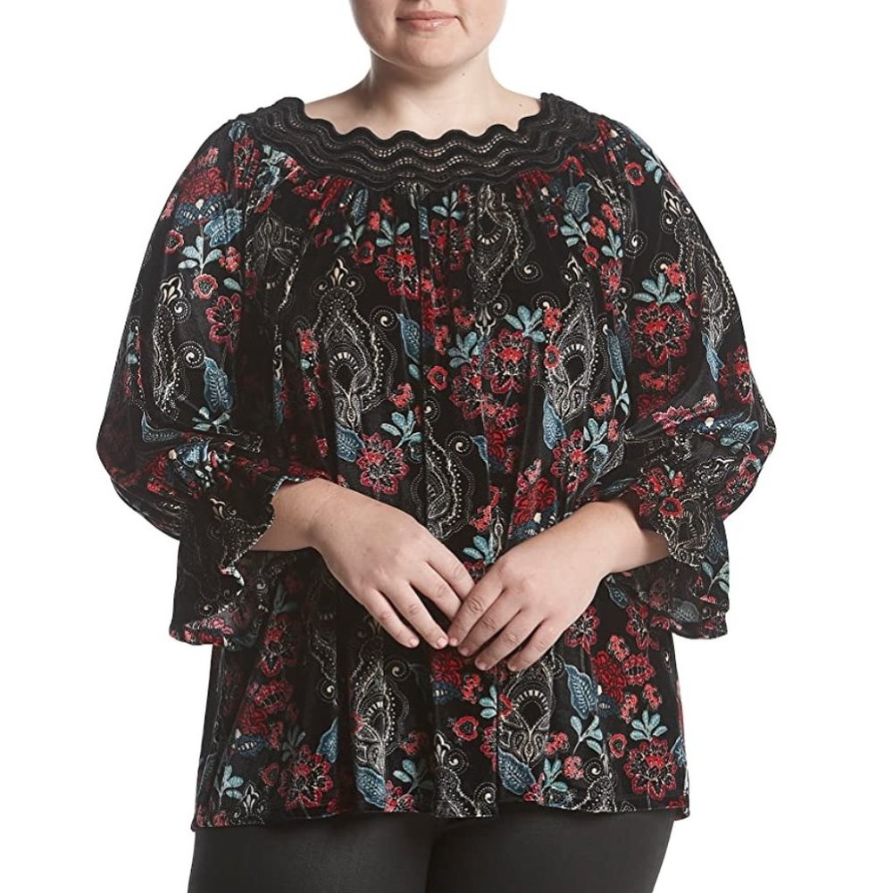 Womens Rafaella Lace Collar Floral Print Velour Top 3/4 Sleeve Plus Size 1X NWT